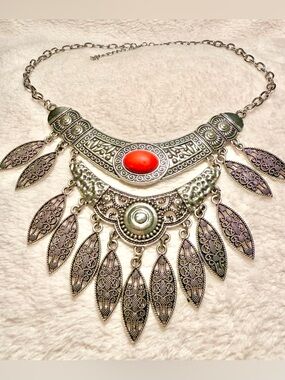 Vintage Y2K Tribal Bohemian Silver Statement Necklace with Red Accent
